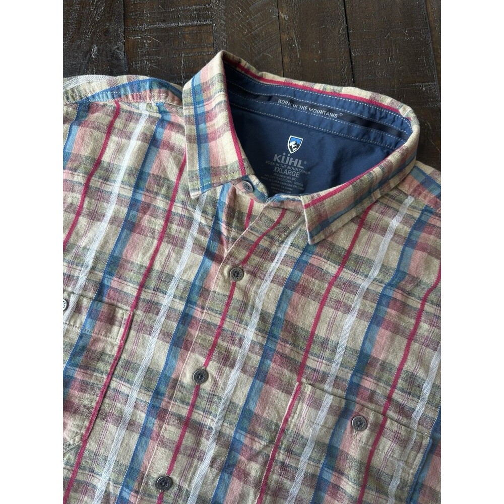 Kuhl Shirt Men 2XL XXL Plaid Short Sleeve Linen Blend Button Up Outdoor Active